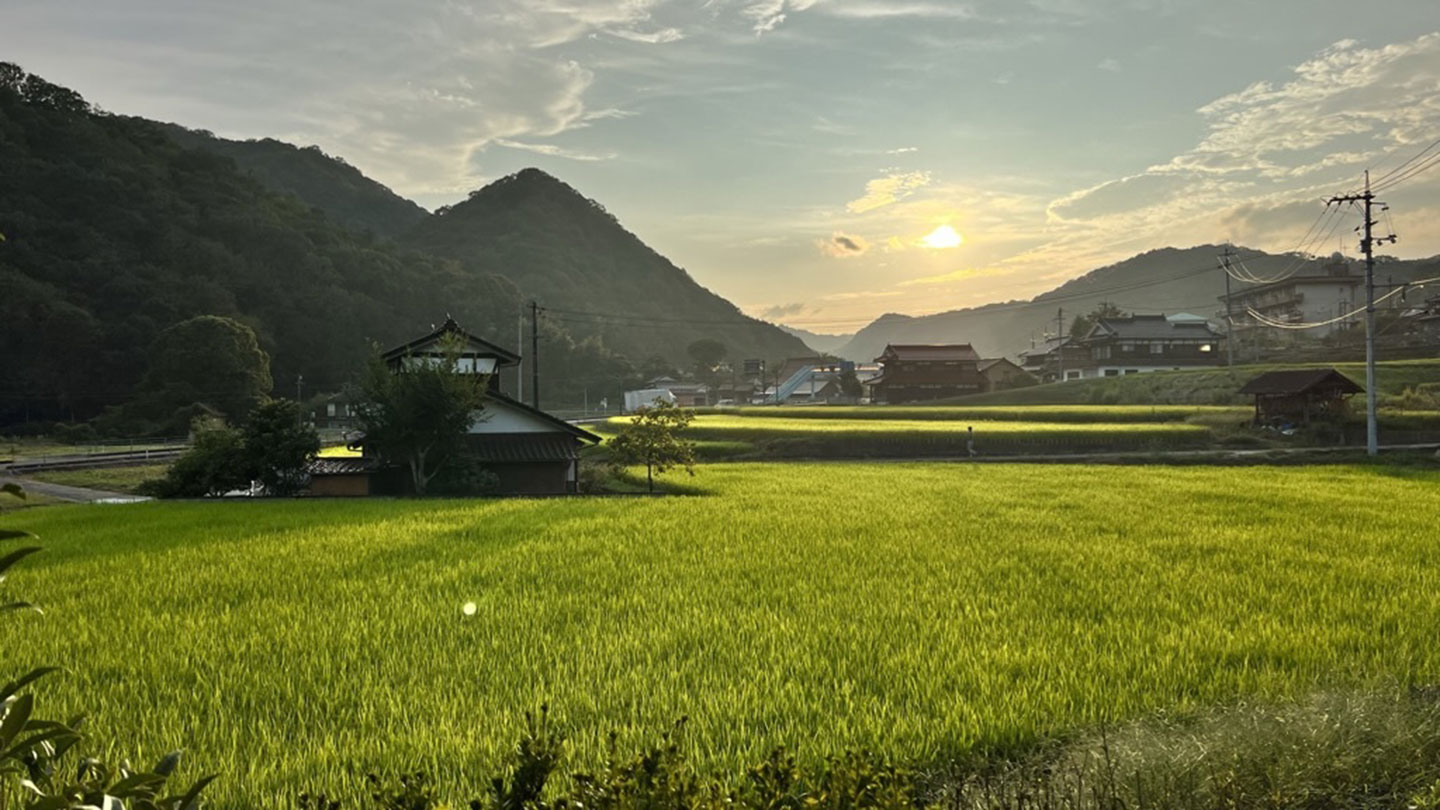 米粉ドーナツ店と農体験宿をかけ合わせた「田万里家」がある、広島県竹原市田万里町の夕景