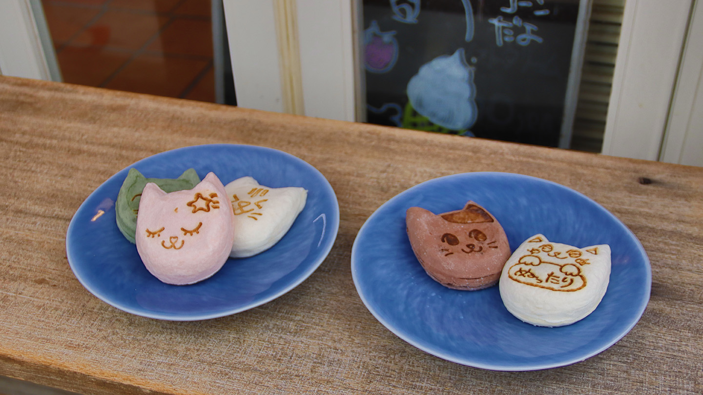 商店街の名物、沼ネコ焼き。以前このエリアは青果を中心とした市場だったため、ネズミの見張り番としてネコが重宝され、地域の人々にかわいがられ、暮らしていたそう。そんな沼垂のネコをモチーフに、おぐら、カスタード、笹団子、チョコなどの餡やクリームを、新潟県産コシヒカリの米粉が配合されたもちもちの生地で包み、ネコの顔をかたどってつくられた。期間限定でいちごみるくや抹茶クリーム味もある