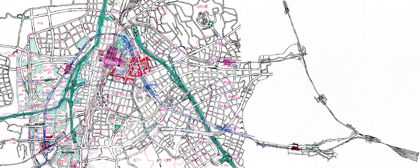 1997年、小学5年生の頃に描いていた中村市の空想地図。中心市街地、団地、高速道路、地下鉄などが記載されている（画像提供：今和泉隆行さん）