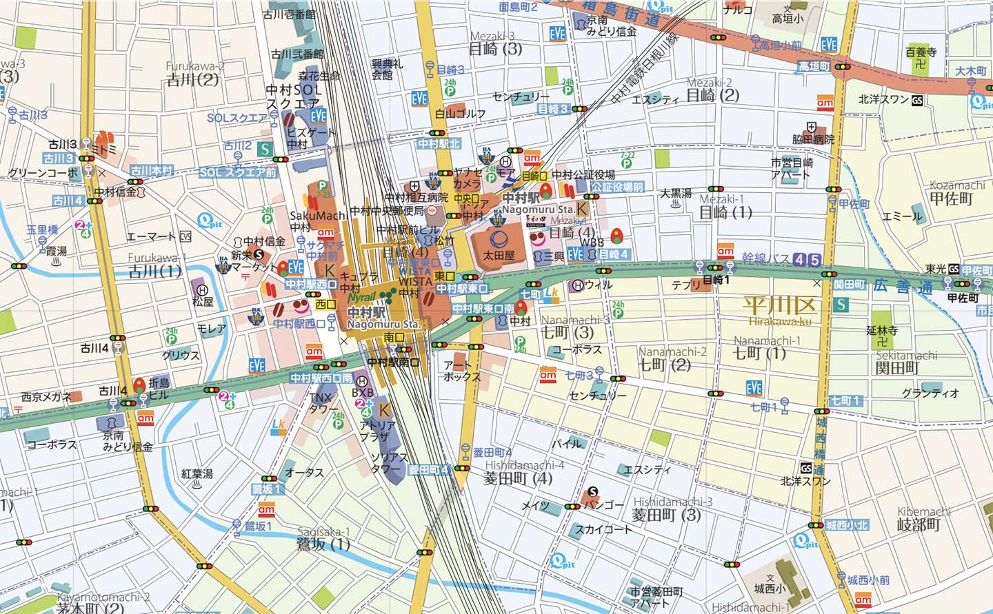 現在の中村市、中村駅周辺の地図