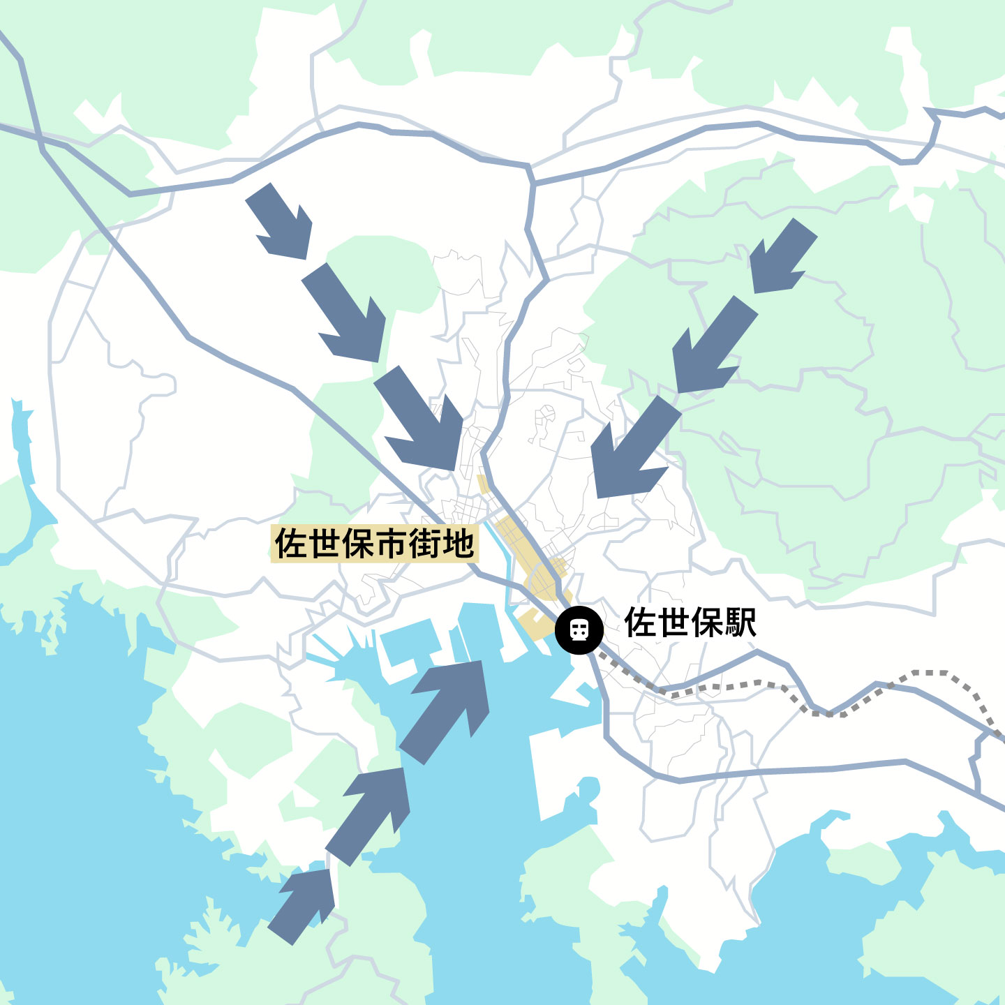 長崎県佐世保市の地図。周囲が山に囲まれているため、市街地が高密度になる地形