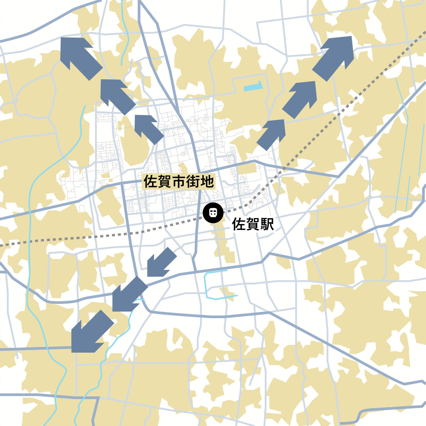 佐賀県佐賀市の地図。平地が広がっているため、市街地は外側に広がる。佐賀市のほうが市内全体の人口は多いものの、佐世保のほうが中心の市街地、商店街などが格段に賑わっている