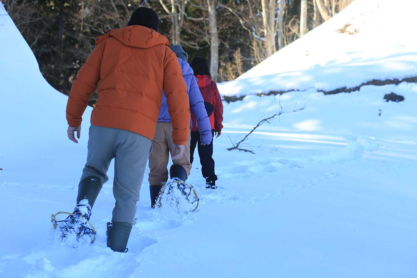 かんじきを履いて雪の上を歩く様子