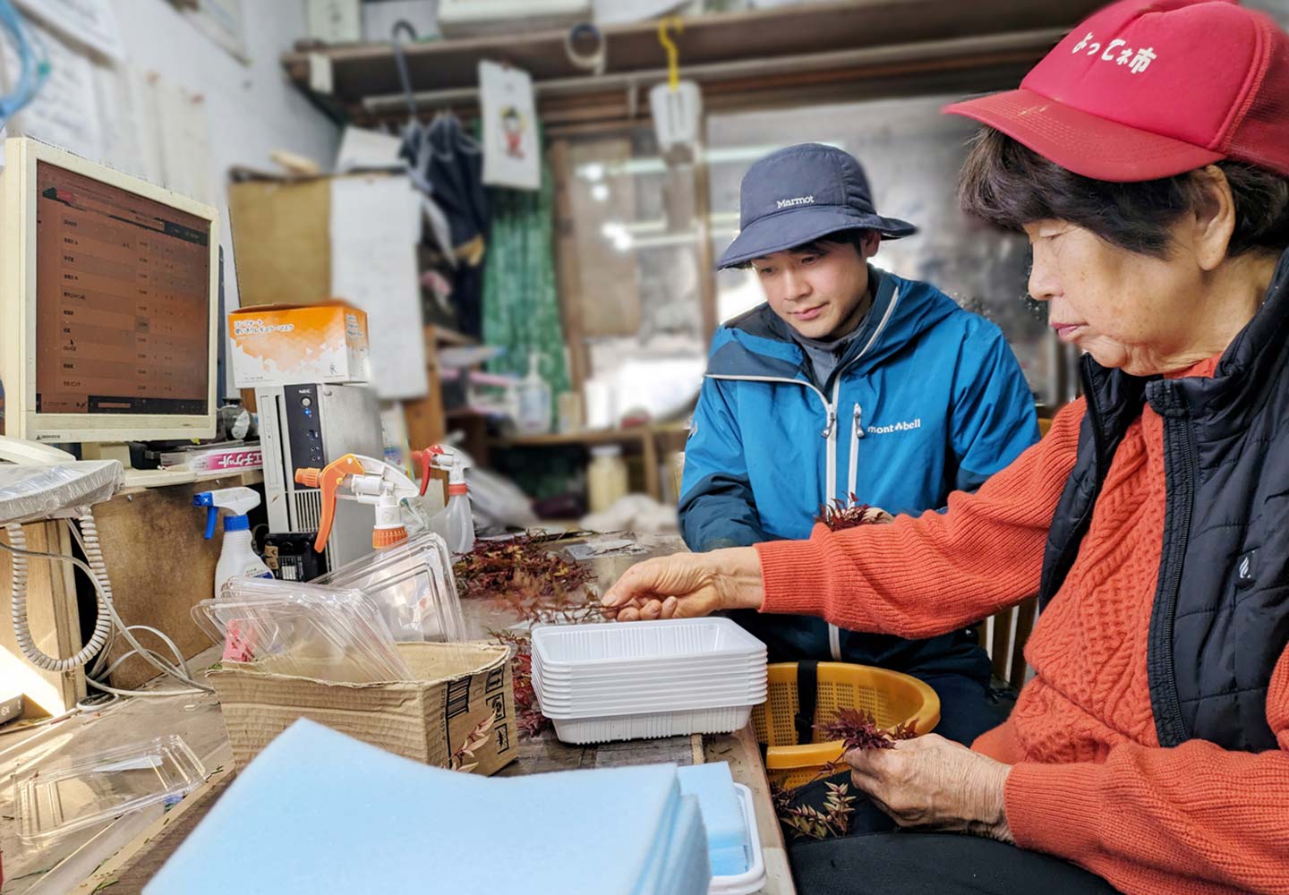 作業場で木の枝をパッケージに詰める農家さんと、その様子を見る若者