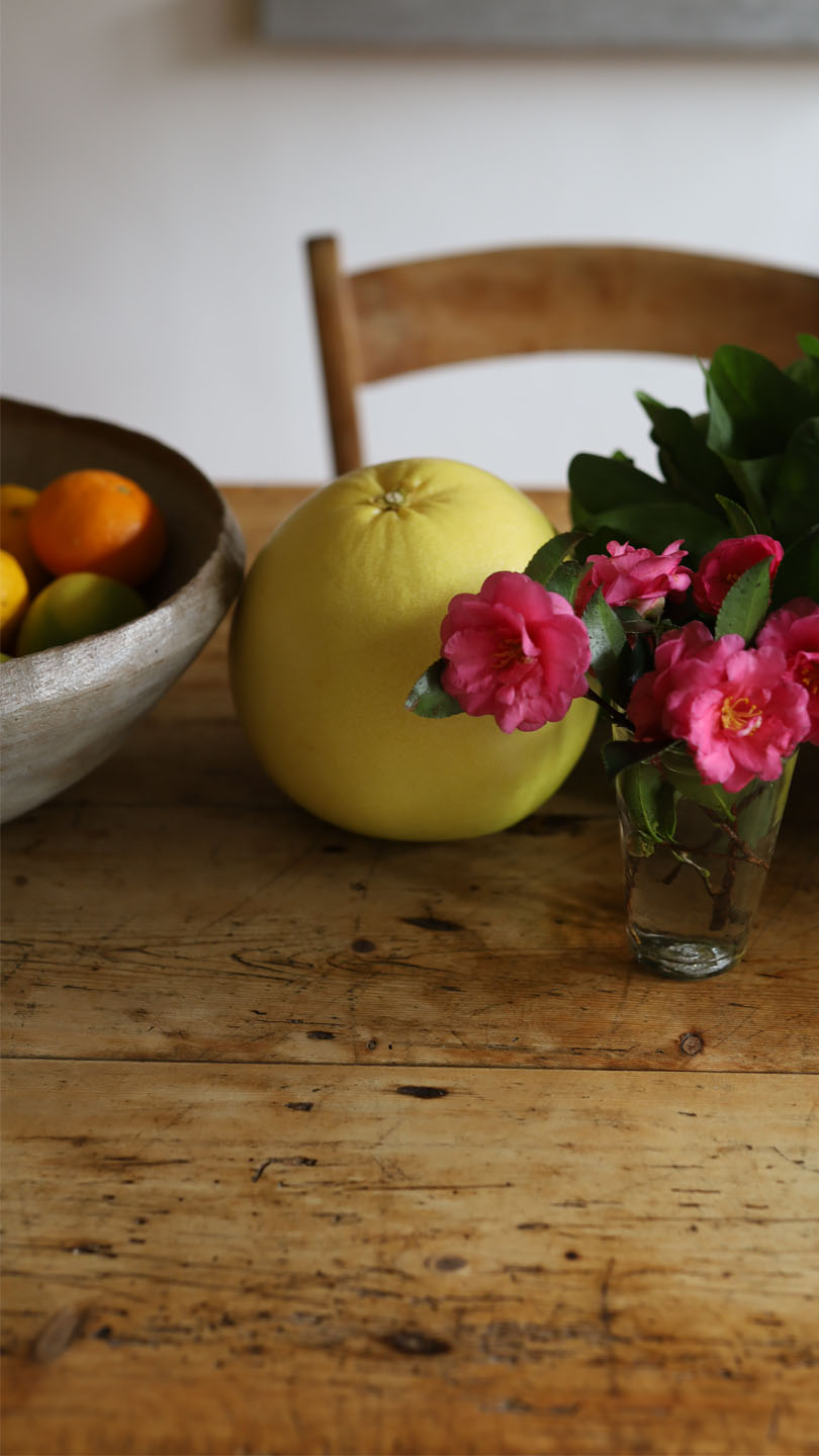 テーブルの上に置かれた晩白柚と山茶花