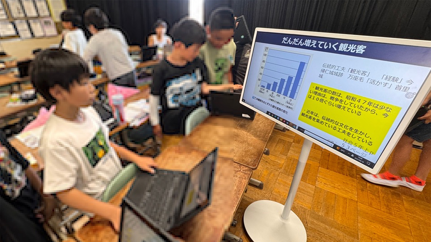 教室で使用されている端末の画面。観光客数の推移についての棒グラフが表示されている