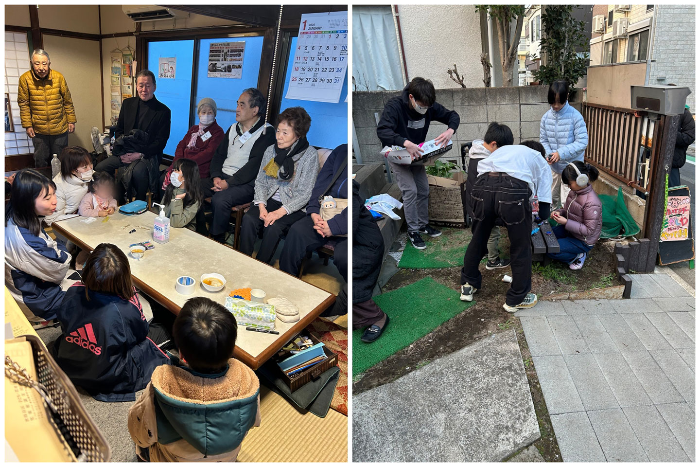 テーブルを囲んで人々が集まりおしゃべりをしている様子と、庭で子どもたちがベイブレードをしている様子のコラージュ写真