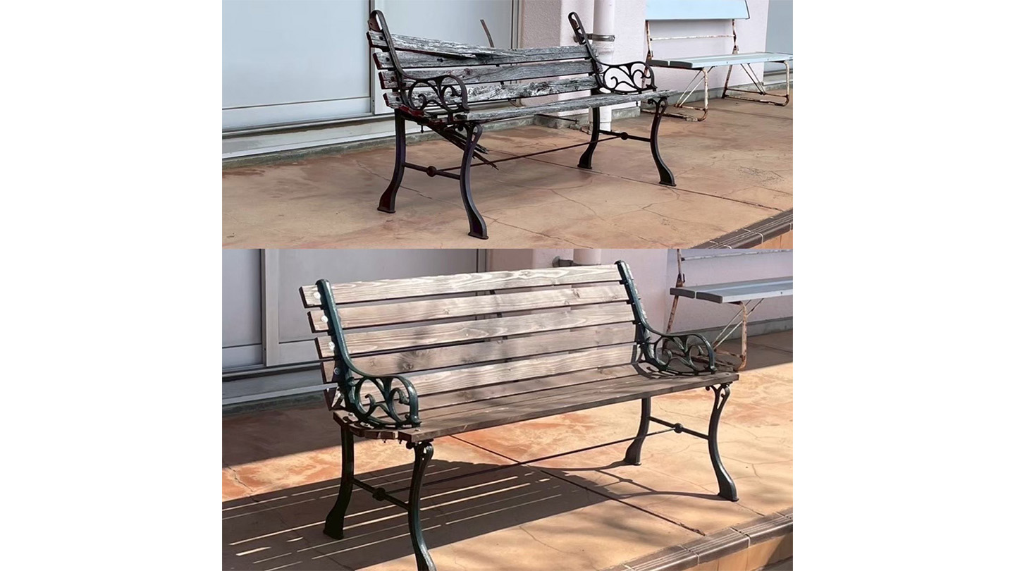 木でできた背もたれや座面部分が腐食して壊れたベンチと、新しい木に張り替えられてきれいになったベンチ