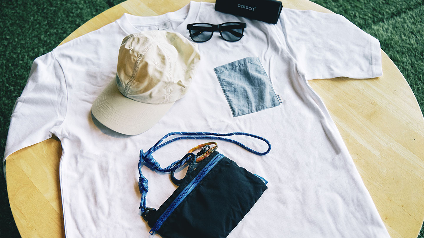 漁具を回収し、新たな素材にしたマテリアルブランド「amuca®」のTシャツ、キャップ、サコッシュなど