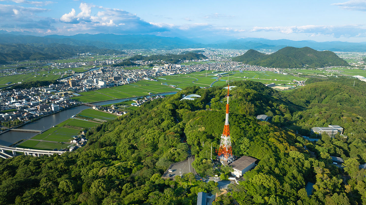 初夏の晴れた日に日本の地域を空撮した様子