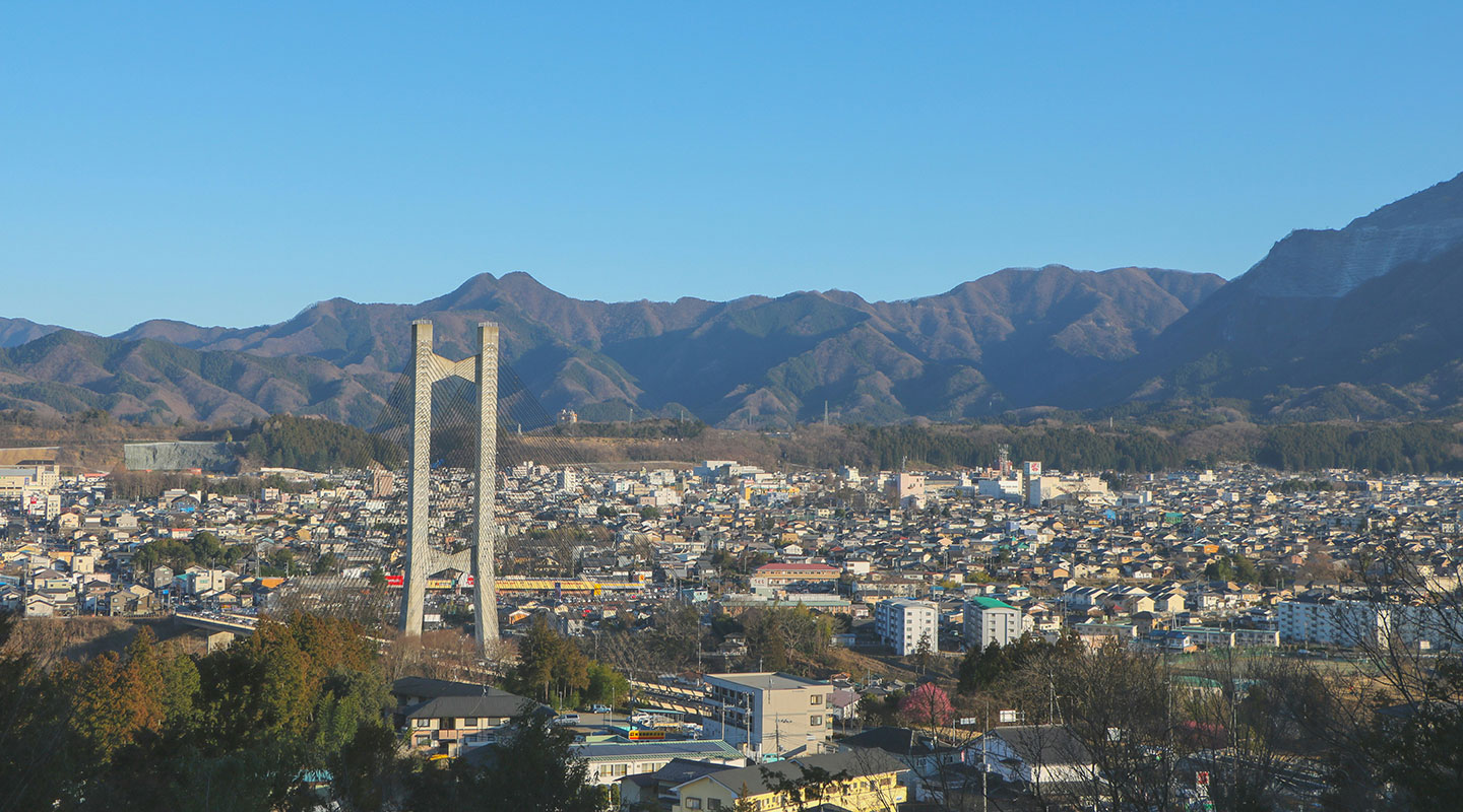 日本の山々がある地方都市の風景