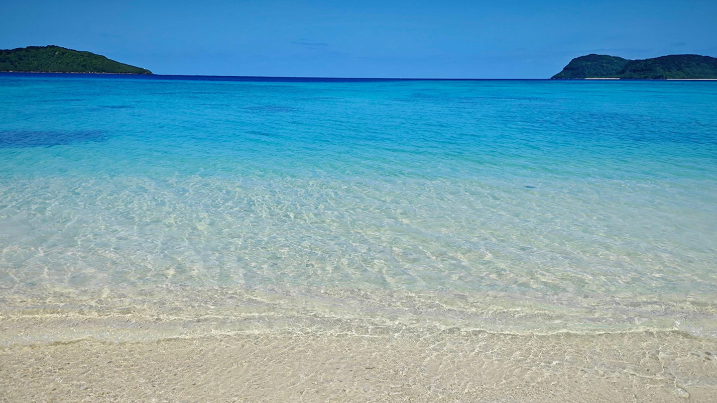 青い空と透けるように青い海、白い砂浜が広がる波打ち際
