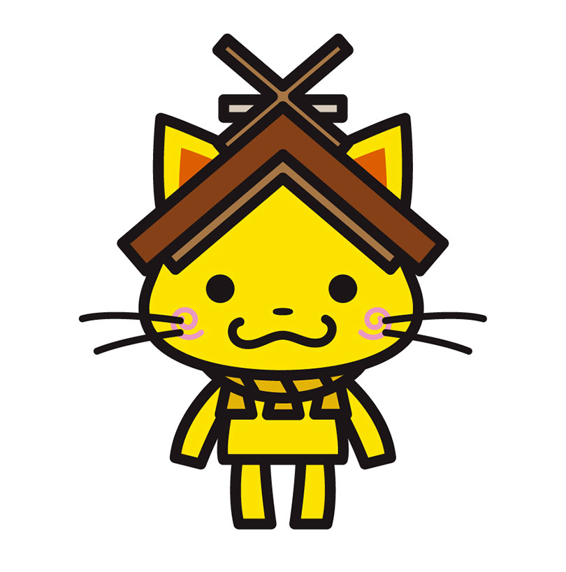 島根県の観光キャラクター「しまねっこ」のイラスト。黄色いネコの姿で、頭には神話の国・島根を象徴する大社造の屋根をかぶっている