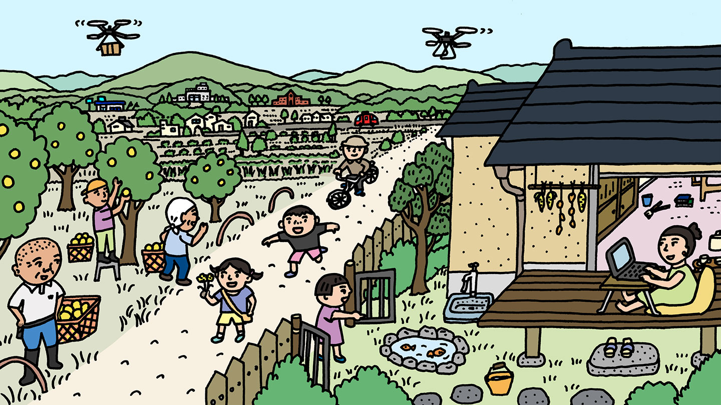未来の地域で人々が暮らしている様子。空にはドローンが飛んでいて街には自動運転バスが走っている。農業をしている人や子どもたち、PCを使って仕事をしている人がいる