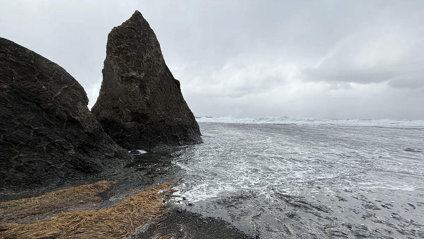 曇天のもと、尖った岩が特徴的な海岸の様子