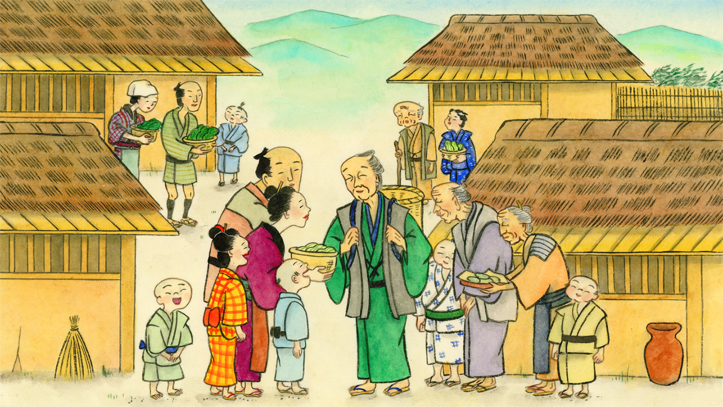 大人や子どもに囲まれた手習師匠が、お礼に草餅をもらっている