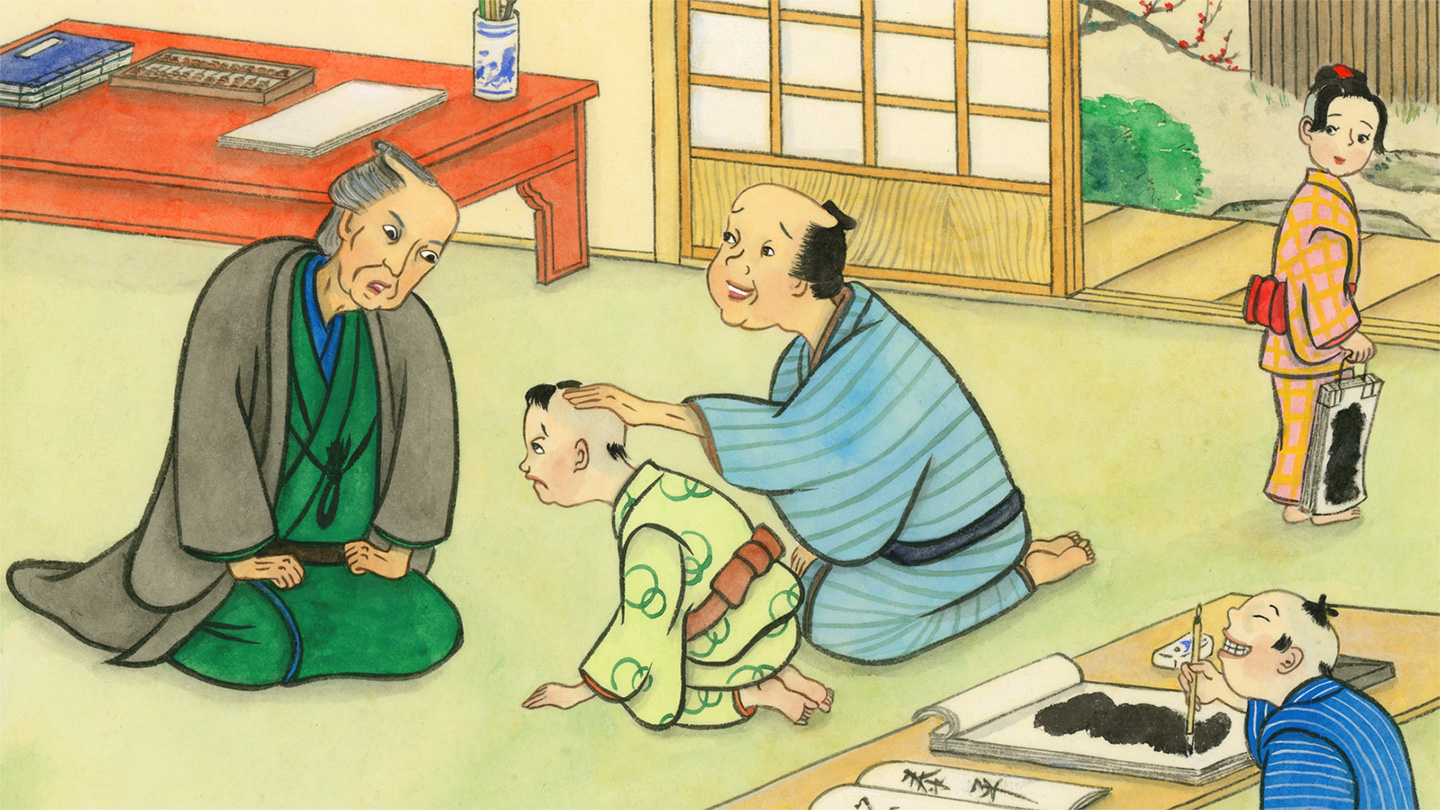 手習師匠の前で子どもの頭に手を添えて座って一緒に謝罪をするあやまり役