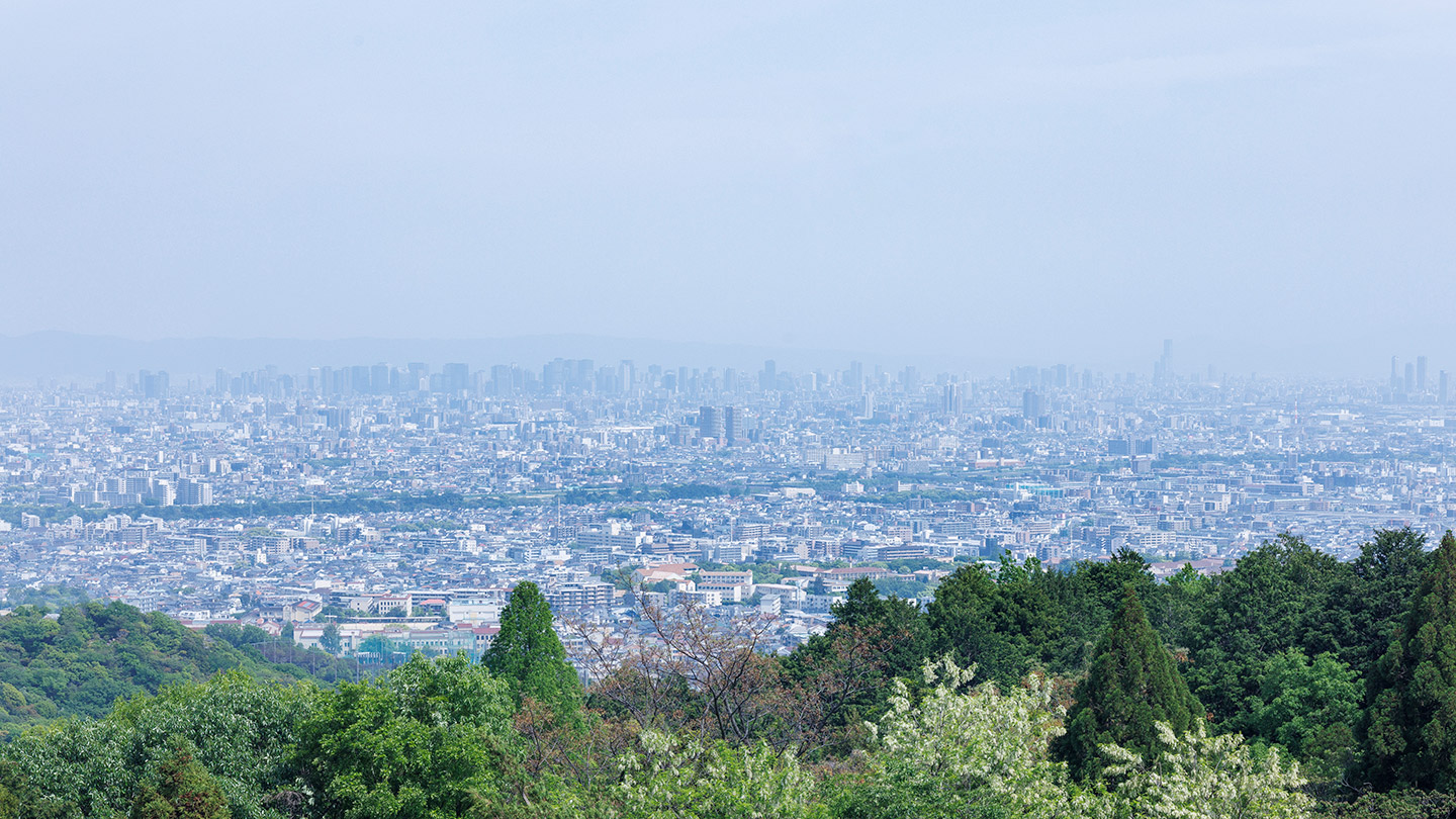 手前に甲山の木々が見え、奥には阪神間の景色が一望でき、遠く大阪まで見渡すことができる