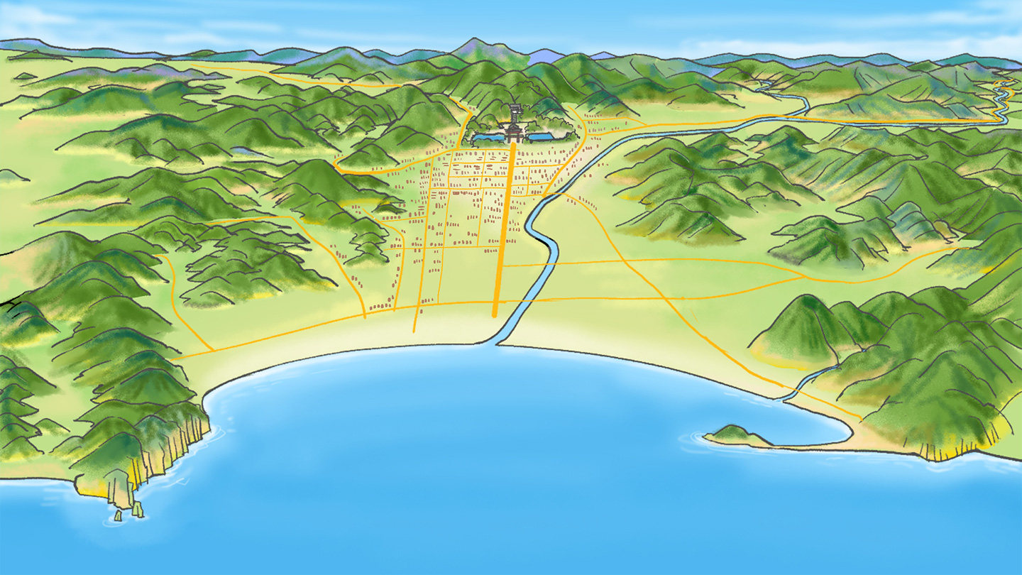 海側から見た鎌倉の地形。平野と山が広がる