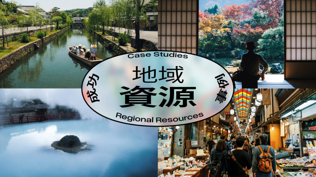 地域資源の事例紹介を示すコラージュ画像。水路を進む舟、庭園を眺める人物、温泉、商店街の風景などが配置され、中央に「地域資源」の文字が大きく表示されている