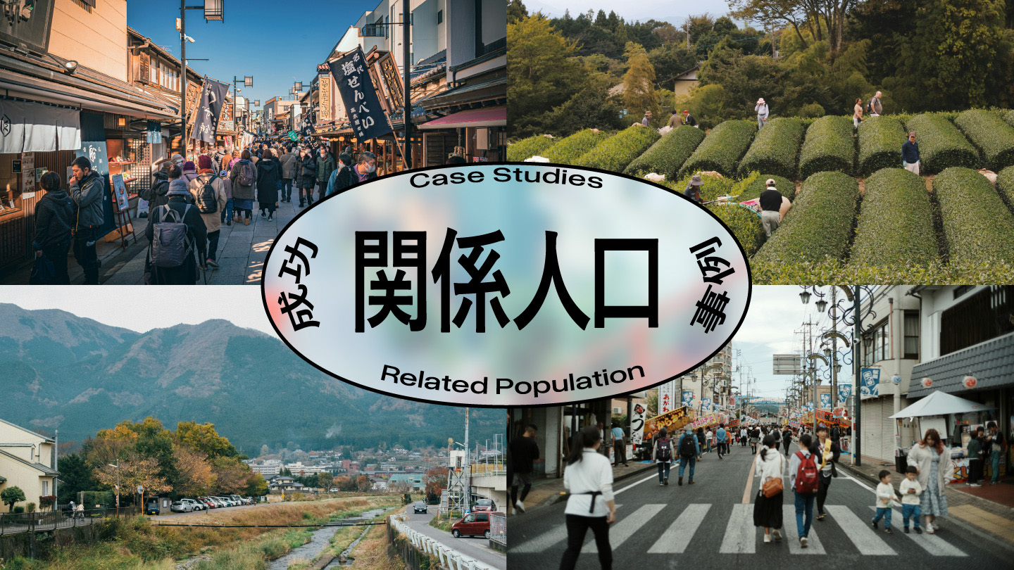街並みや茶畑、山あいの風景を背景に、「関係人口」「Case Studies」「Related Population」の文字が中央に配置されている