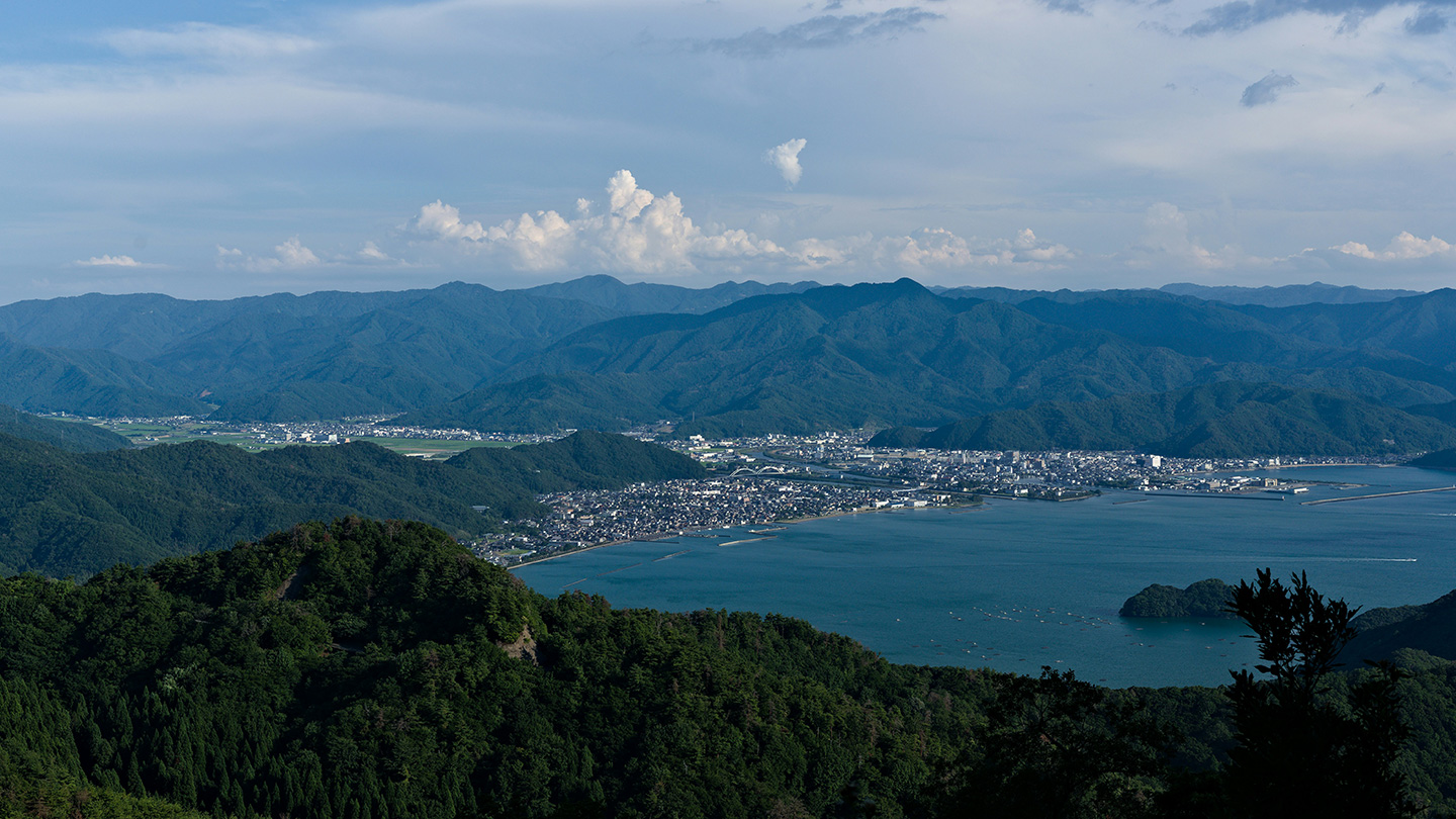 山の上から見渡す、緑に囲まれた海沿いの街と湾