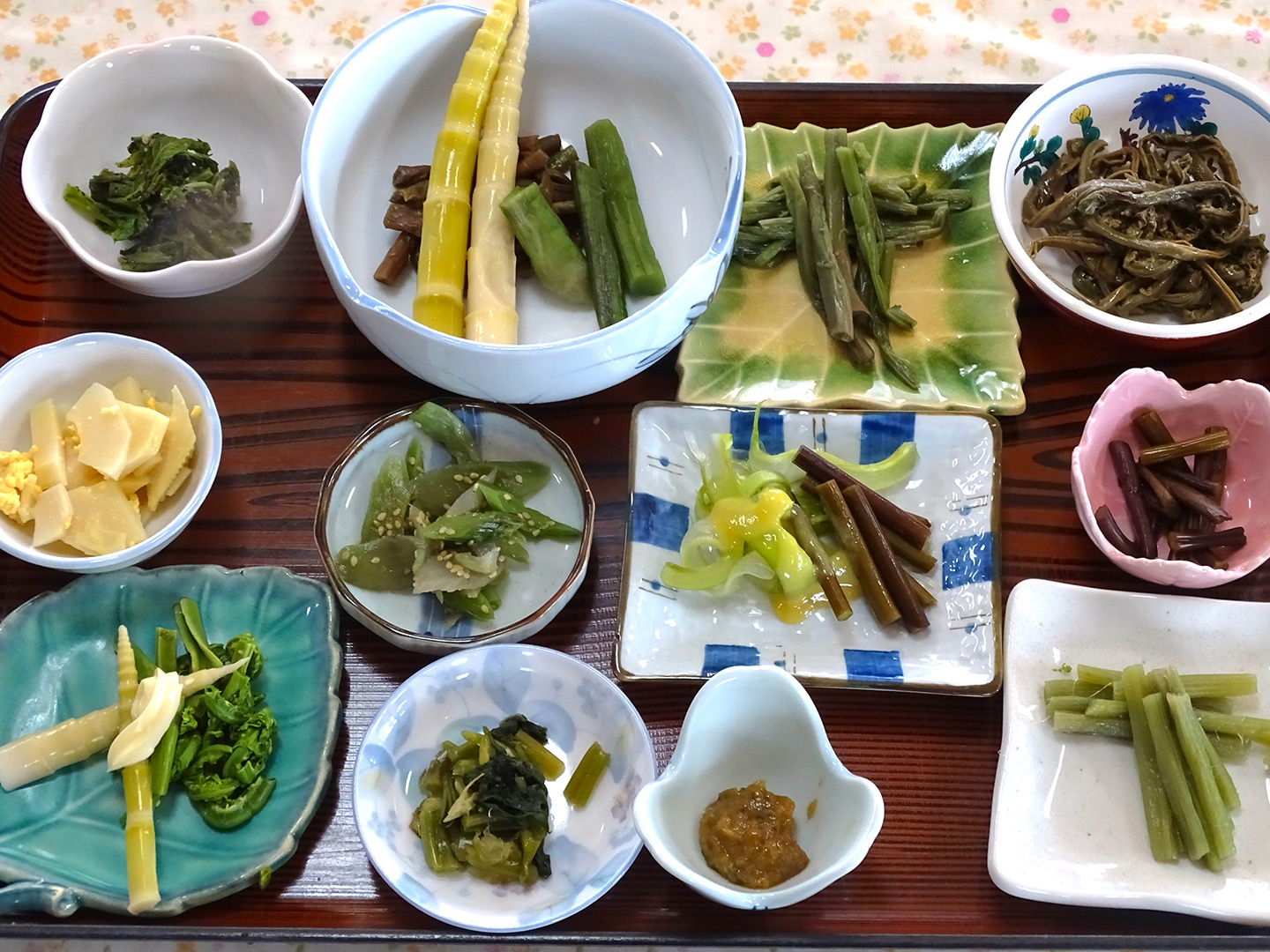 たくさんの小皿に山菜料理が盛られている