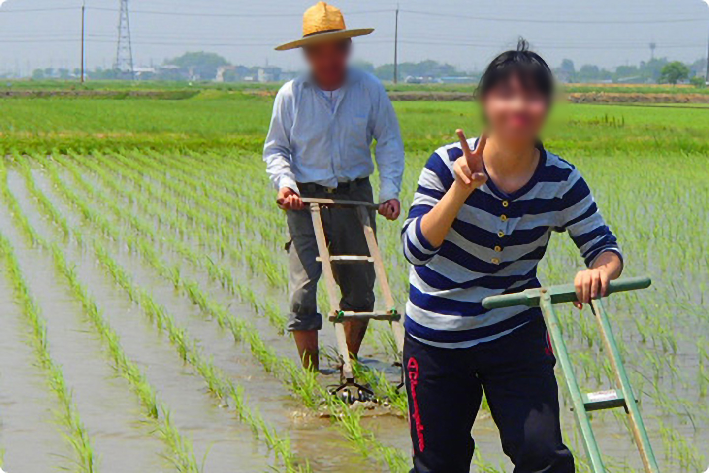 2人の人が田んぼを耕している