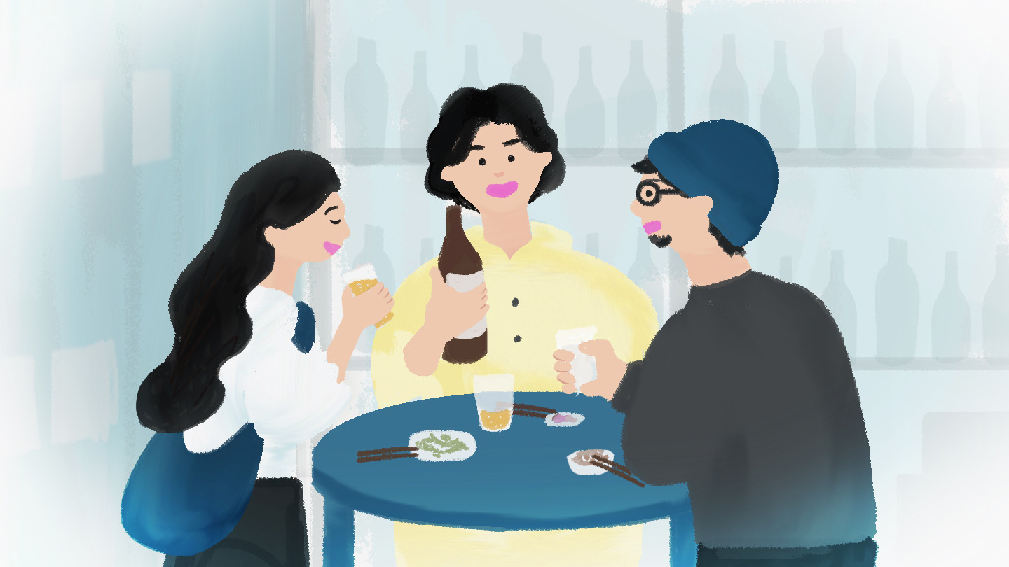 角打ちでお酒を楽しんでいる男女のイラスト